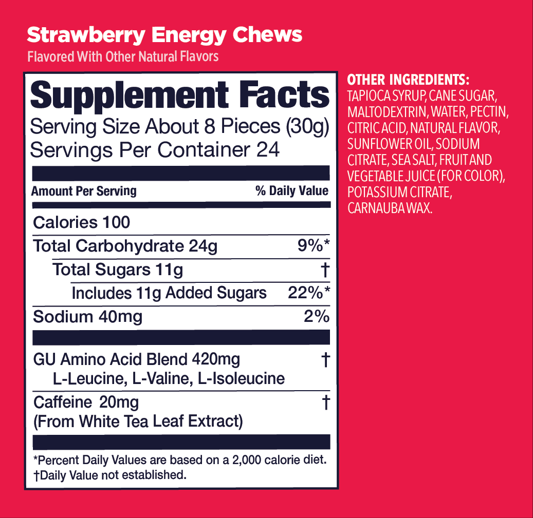 Gu Energy Chews - Strawberry Gomitas (Fresa) con cafeína
