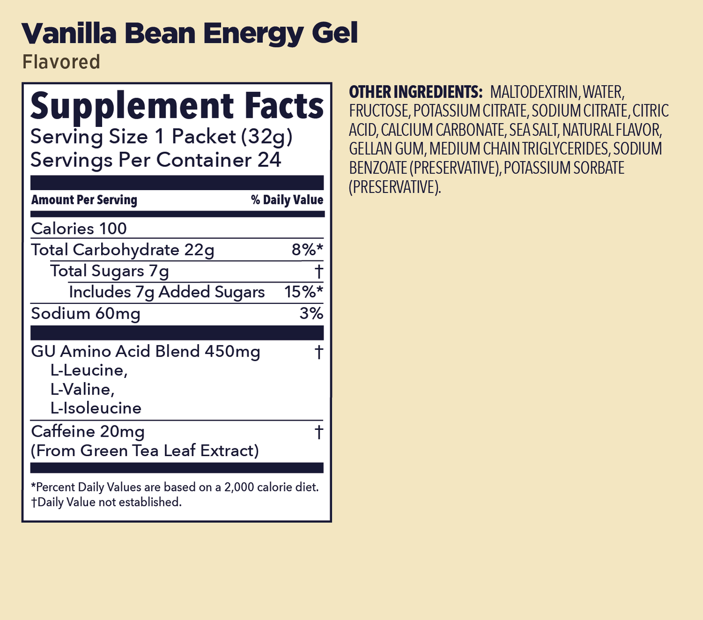 GU Energy Gel – Vanilla Bean (Vainilla) – 20 mg, con cafeína