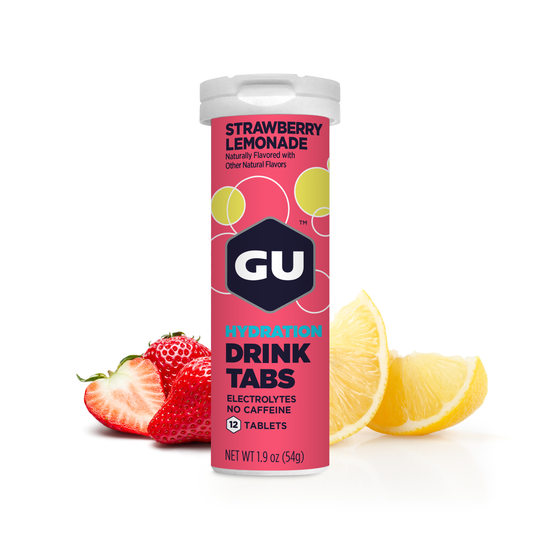 GU Drink Tabs - Strawberry Lemonade / Fresa con limonada | Con cafeína (20 mg) – Tabletas efervescentes de electrolitos