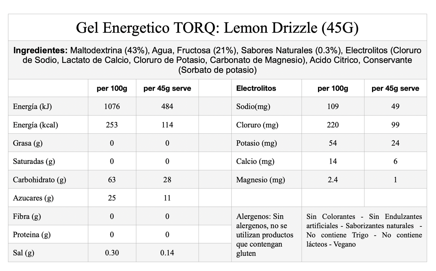 TORQ Energy Gel – Lemon Drizzle (limón con glaseado), sin cafeína, con electrolitos, 45 g