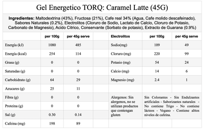 TORQ Energy Gel – Caramel Latte (caramelo latte), con cafeína, con electrolitos, 45 g