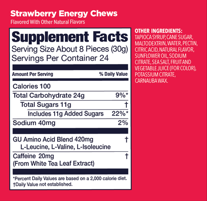 Gu Energy Chews - Strawberry Gomitas (Fresa) con cafeína
