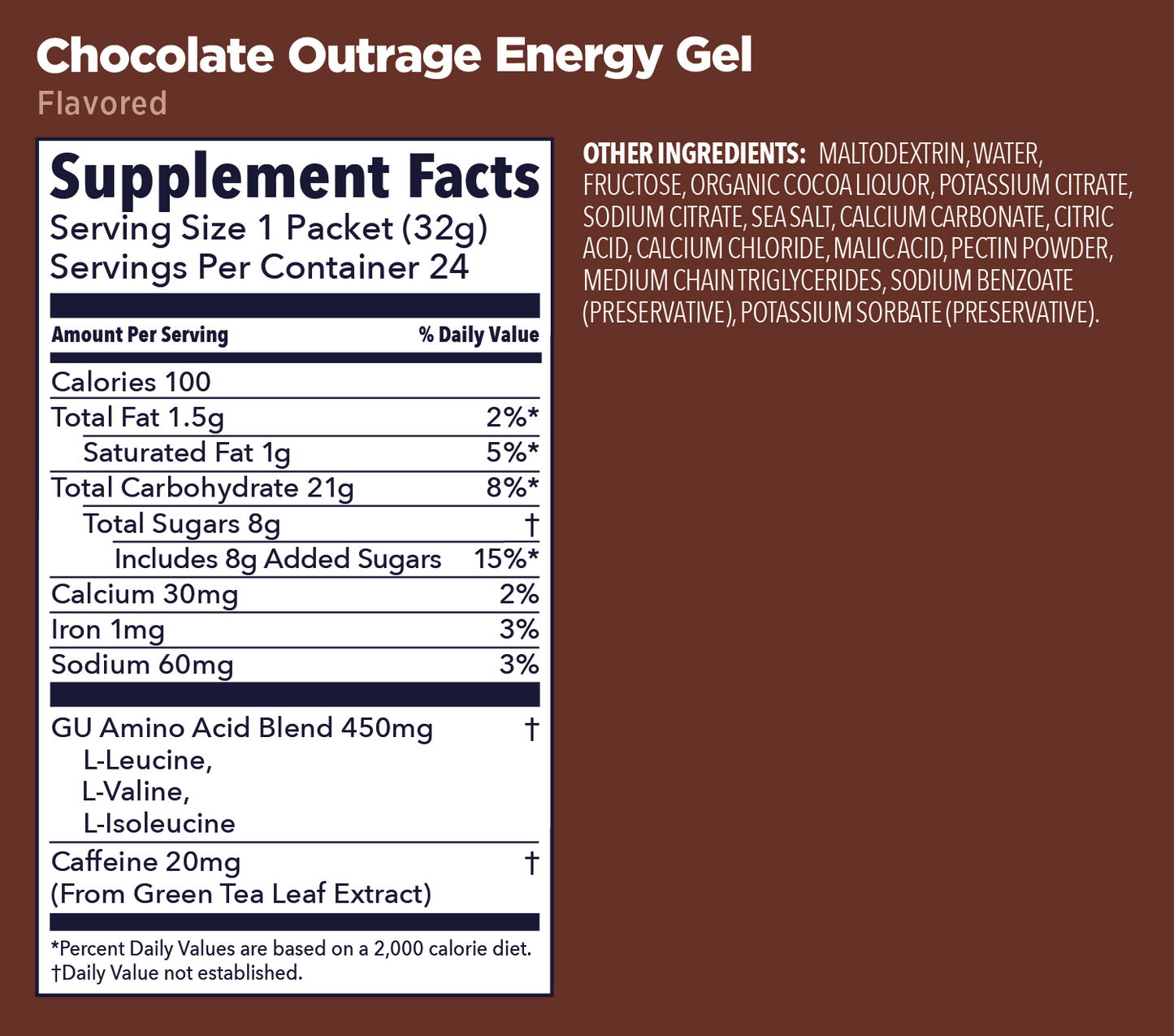 GU Energy Gel – Chocolate Outrage (Chocolate Intenso) – 20 mg, con cafeína