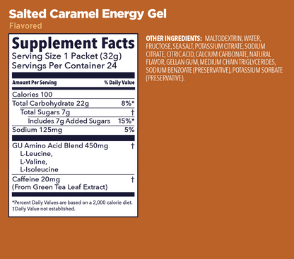 GU Energy Gel – Salted Caramel (Caramelo Salado) – 20 mg, con cafeína