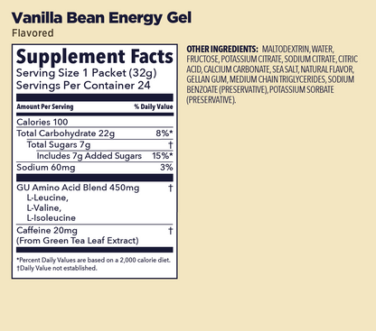 GU Energy Gel – Vanilla Bean (Vainilla) – 20 mg, con cafeína
