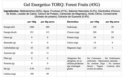 TORQ Energy Gel – Forest Fruits + Guarana (frutos del bosque + guaraná), con cafeína, con electrolitos, 45 g