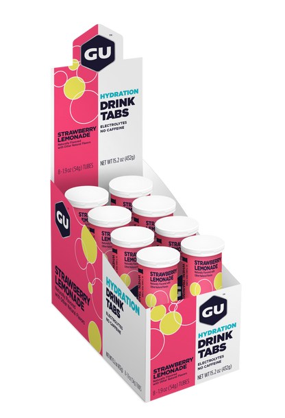 GU Drink Tabs - Strawberry Lemonade / Fresa con limonada | Con cafeína (20 mg) – Tabletas efervescentes de electrolitos