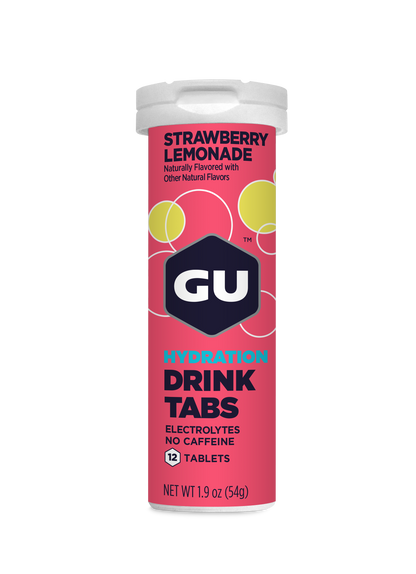 GU Drink Tabs - Strawberry Lemonade / Fresa con limonada | Con cafeína (20 mg) – Tabletas efervescentes de electrolitos