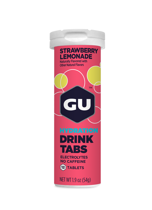 GU Drink Tabs - Strawberry Lemonade / Fresa con limonada | Con cafeína (20 mg) – Tabletas efervescentes de electrolitos